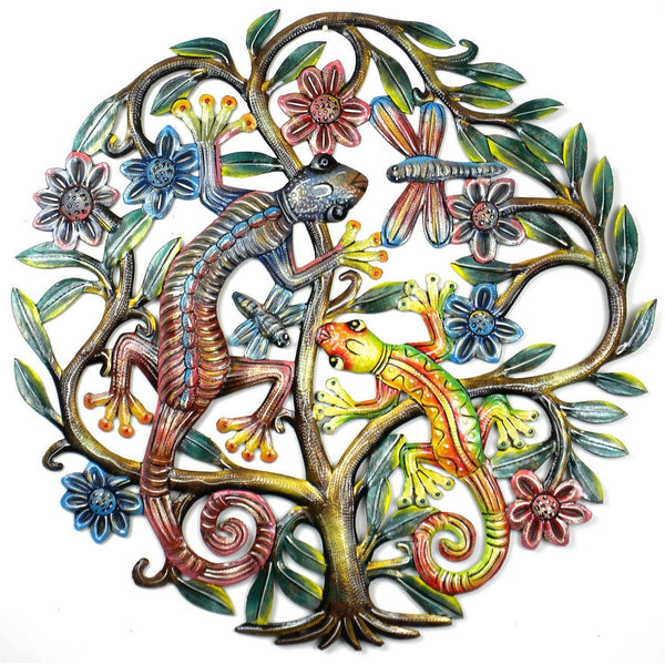 "Tree of Life With Gecko" Metal Drum Wall Art