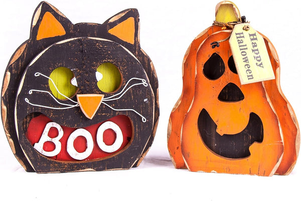 "Happy Halloween" Wooden Pumpkin & Cat Decoration Set
